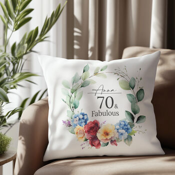 '70 And Fabulous' Personalised Birthday Cushion With Birth Flowers, 2 of 6