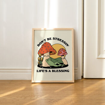 'Don't Be Stressin' Groovy Frog And Mushroom Print, 7 of 9