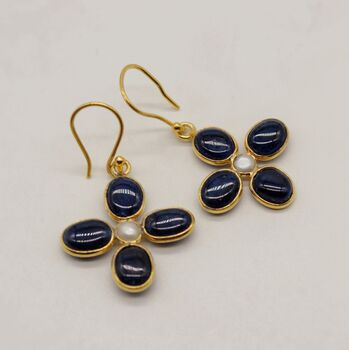 Blue Sapphire, Pearl Drop Gold Earrings, 3 of 5