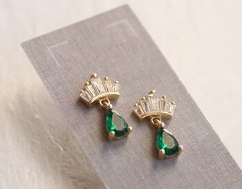 Emerald Green Crown Sterling Silver Gold Stud Earrings, 2 of 5