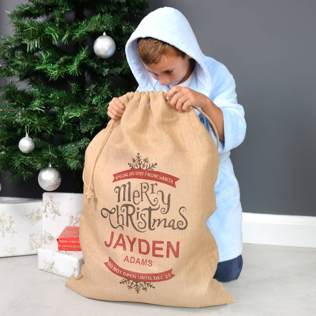 Personalised Merry Christmas Hessian Santa Sack By A Type Of Design