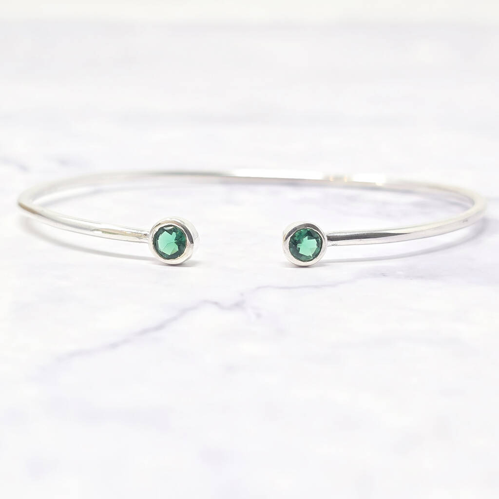Dainty Emerald May Birthstone Sterling Silver Bangle, 1 of 4