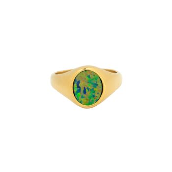 Green Oval Opal Silver Steel Signet Ring, 3 of 12