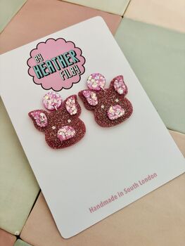Pink Glitter Pig Earrings / Cute Farm Animal Jewellery Pink Pig Lover Gift / Young Farmer Gift Agriculture Teacher Jewellery / Lucky Pig Charm Jewellery Whimsical Pink Statement, 3 of 5