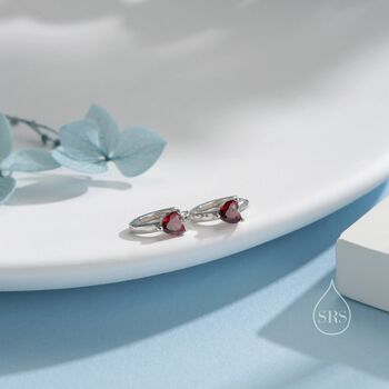 Garnet Red Heart Cz Huggie Hoop In Sterling Silver, 6 of 12
