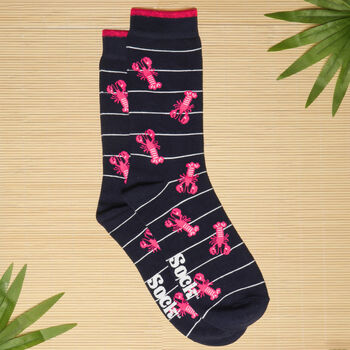 Men's Bamboo Socks Navy Pink Stripe Lobsters, 2 of 6
