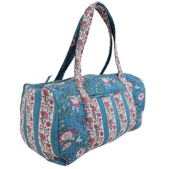 Block Printed Inky Blue And Pink Floral Stripe Quilted Duffle Bag, 4 of 7