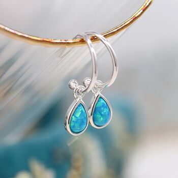 Sterling Silver Teardrop Blue Opal Hoop Earrings, 2 of 9