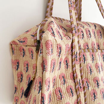 Block Print Flower Cotton Weekend Duffle Bag, 5 of 8
