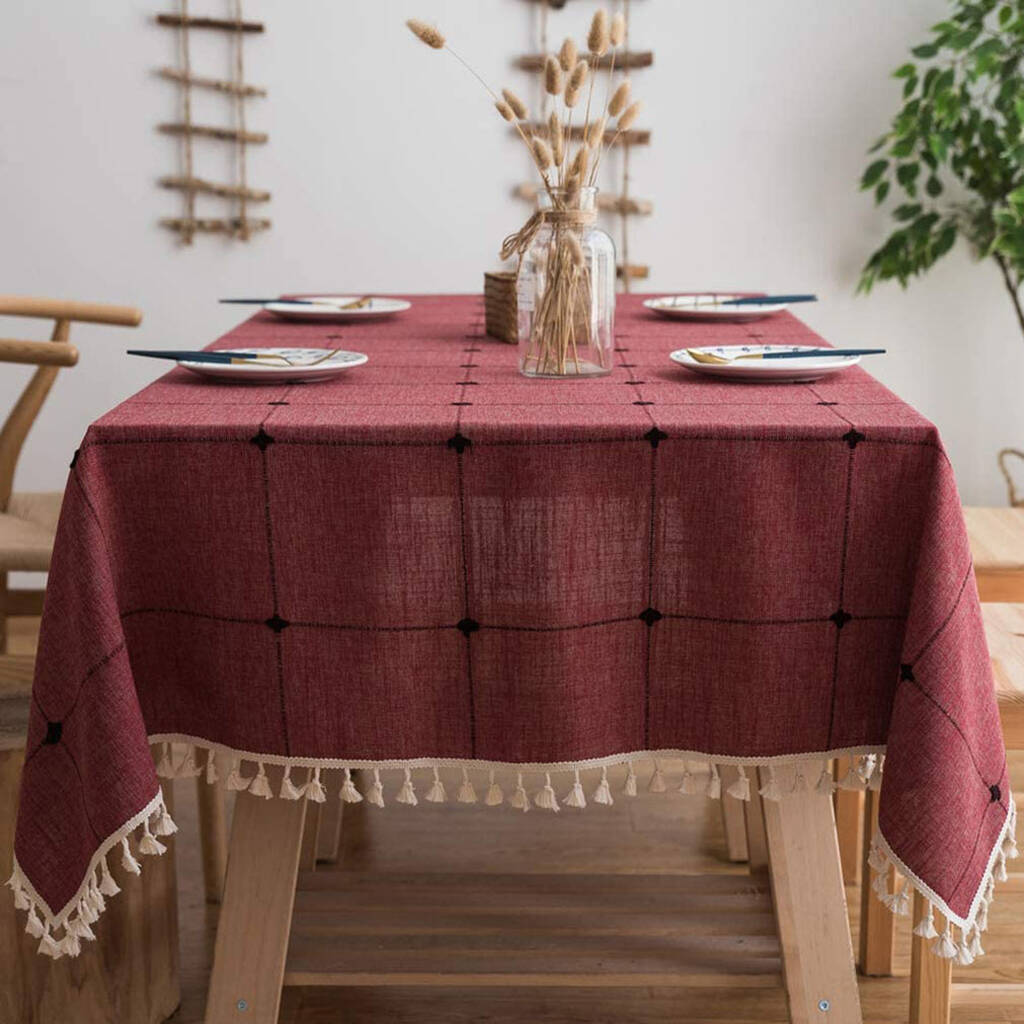 Cotton Linen Rectangular Tablecloth Grid Red, 1 of 4