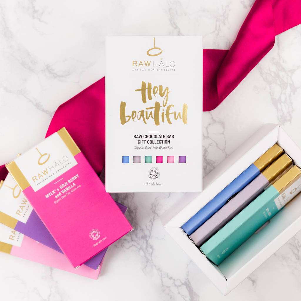 raw chocolate 'hey beautiful' gift box 6x 35g bars by raw halo