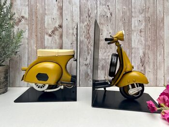 Yellow Scooter Bookends Metal Shelf Decor Moped Gift, 3 of 8
