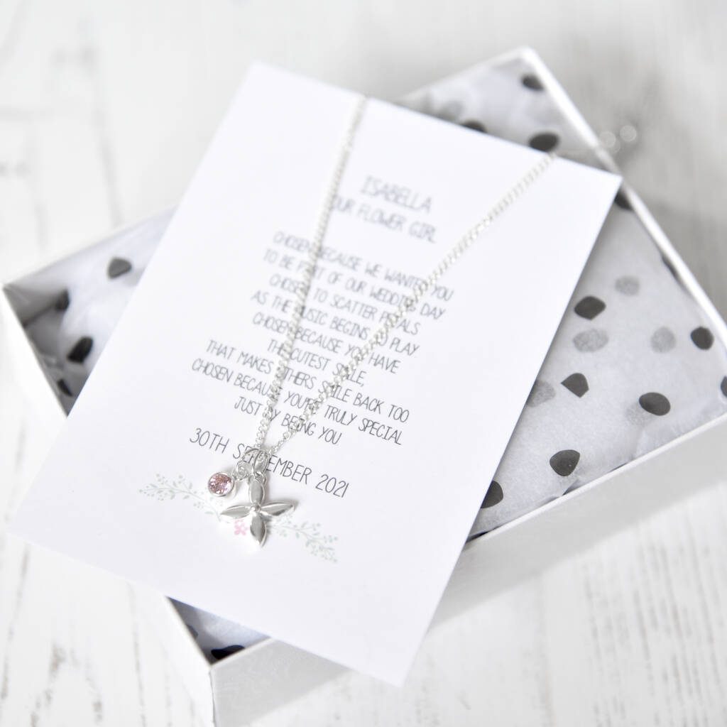Silver Flower Girl Necklace And Personalised Poem Card, 1 of 8