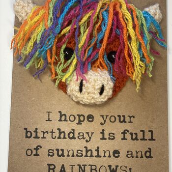 Rainbow Highland Cow Crochet Birthday Card Handmade Sunshine, 2 of 6