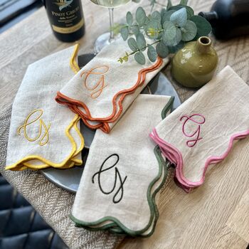 Embroidered Set Of Four Script Initial Scalloped Edge Napkins, 2 of 11