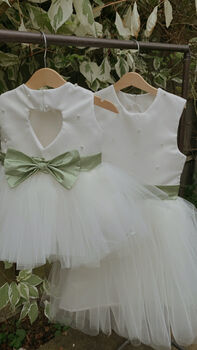 Duchess Satin Flower Girl Dress – Pearl Heart Back And Tulle Skirt Handmade UK, 8 of 8