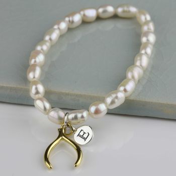 Personalised Freshwater Pearl Lucky Wishbone Bracelet, 5 of 7