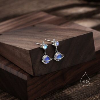 Tiny Moonstone Planet With Starburst Stud Earrings, 3 of 10