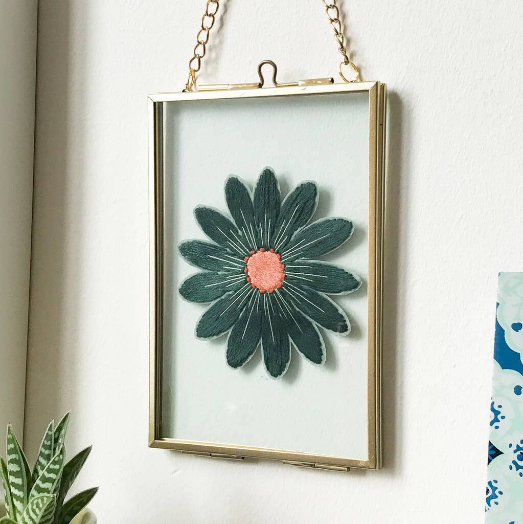 Flower Power Green Daisy Embroidery Framed Artwork, 1 of 6