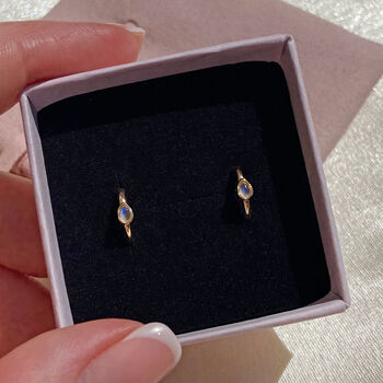 10k Solid Gold Moonstone Mini Hoop Earrings, 2 of 5