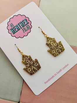 Gold Sandcastle Glitter Resin Earrings / Summer Holiday Jewellery / Seaside Memories Gift / Summer Party Jewellery, 2 of 5
