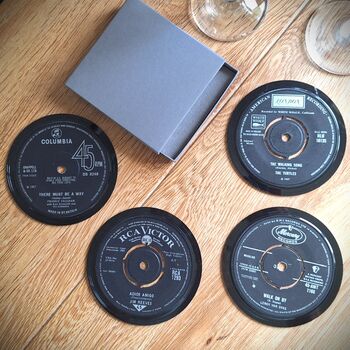 Four Record Vinyl Coasters By Colour, Red, Blue, Green, Black, Mauve, Pink, Gold, Silver, White, Yellow, 7 of 12