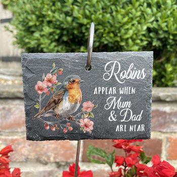 Robins Appear Memorial Printed Garden Slate Wire Holder, 2 of 4