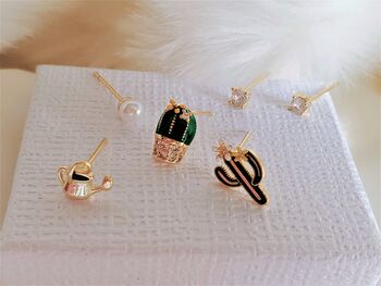Cactus And Watering Can Mismatched Stud Earrings Set 14 K Gold Plated With Pearl, Gift For Her Plant Lover Jewellery, 6 of 9