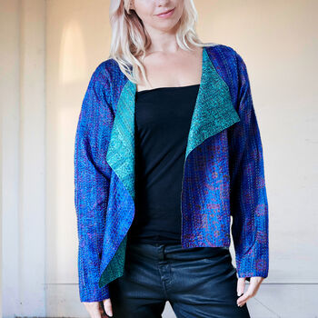 Kantha Handstitched Blue Silk Jacket, 2 of 5