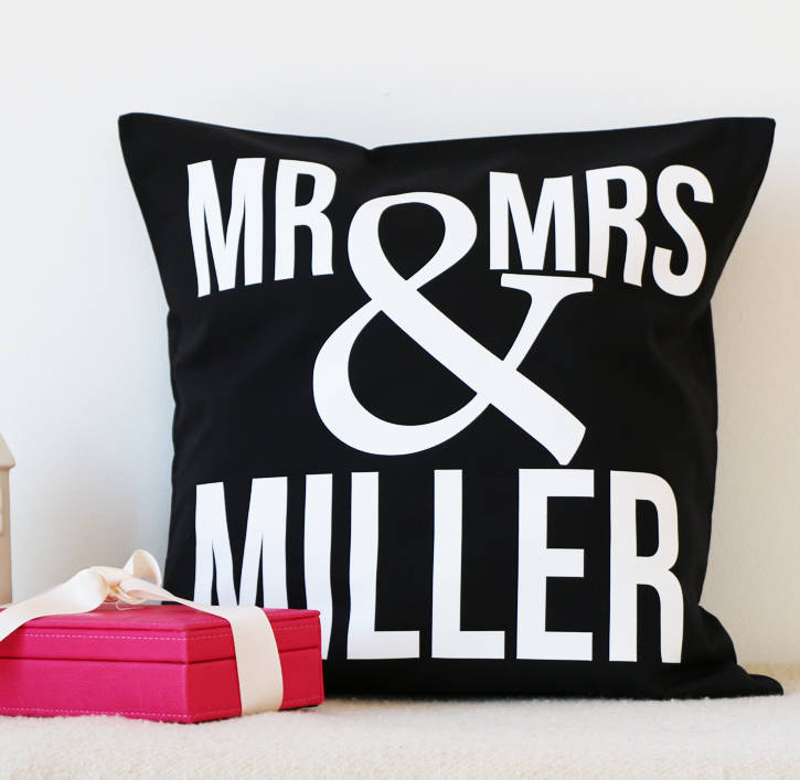 personalised mr and mrs cushion cover with names by minna's room