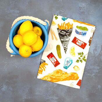 Fish And Chips Gift Set / Tea Towel And Socks / Foodie Birthday Gift, 7 of 8