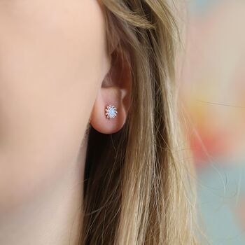 Sterling Silver Blue Opal Daisy Stud Earrings, 6 of 11