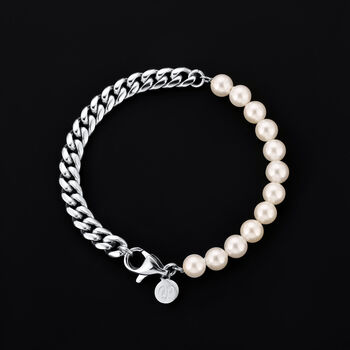 Silver Steel Cuban Chain, Half Pearl Bracelet, 2 of 10