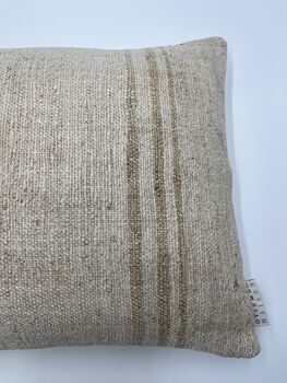 Oblong, Natural, Hemp, Neutral, Woven, Grain Sack, Striped Cushion With Cotton Reverse Brown Stripes To Right Edge, 2 of 5