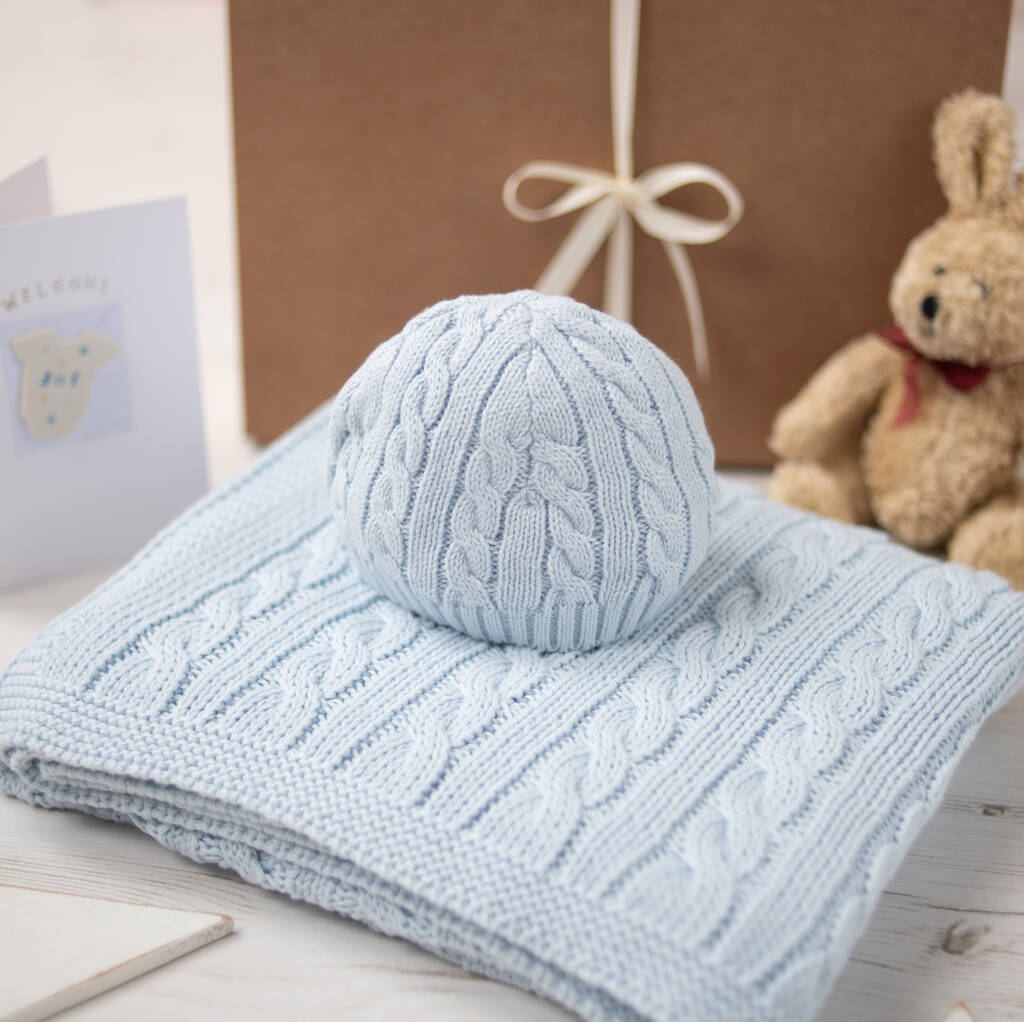 Pale Blue Cable Baby Blanket And Hat Gift Set, 1 of 11