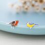 Sterling Silver Mismatched Robin Bird And Blue Tit Bird Stud Earrings, thumbnail 2 of 10