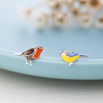 Sterling Silver Mismatched Robin Bird And Blue Tit Bird Stud Earrings, 2 of 10