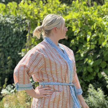 Cotton Block Print Kimono Orange And Turquoise Fish, 3 of 5
