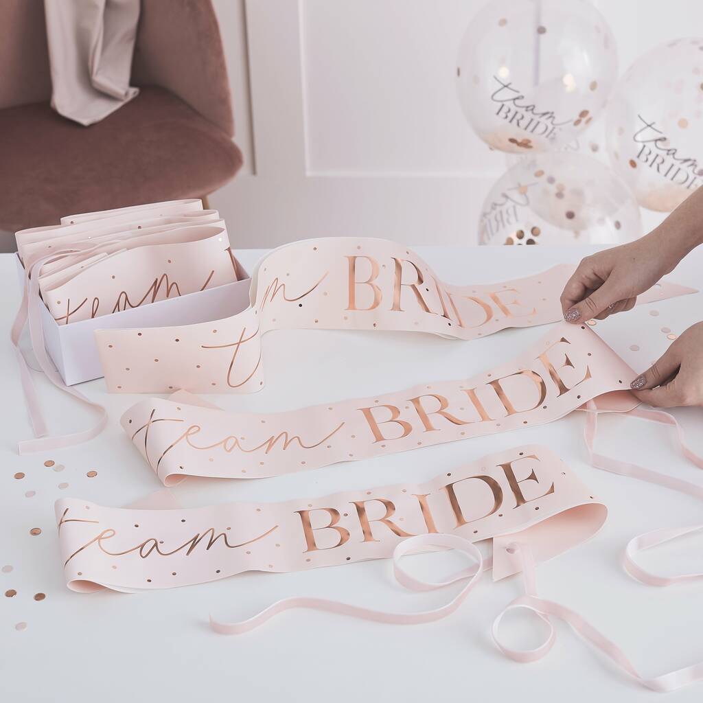Pink And Rose Gold Team Bride Hen Party Sashes Six Pack, 1 of 2