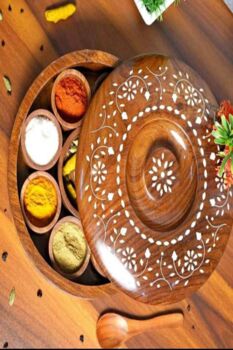 Wooden Handcrafted Round Spice Box With Spoon, 3 of 5