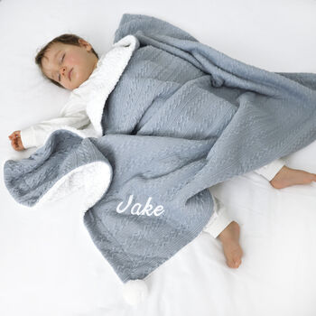 Personalised Twins Dusty Blue Cable Knit Pom Pom Blankets, 4 of 11