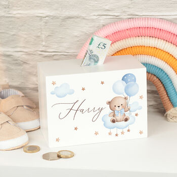 Personalised Baby Teddy Clouds And Stars Money Box, 3 of 3