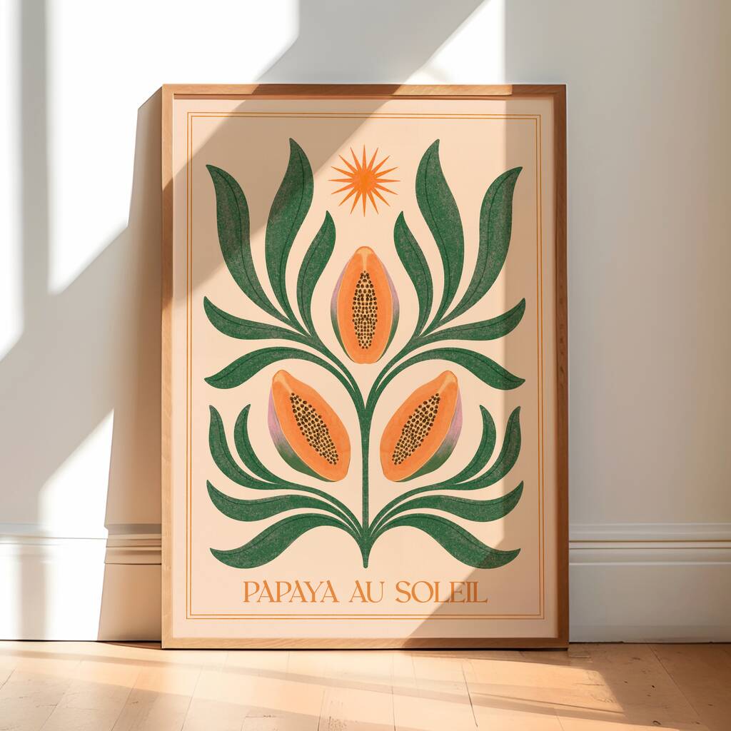 Papaya Au Soleil, Boho Fruit Art Print Botanical Celestial Sun Poster, 1 of 3
