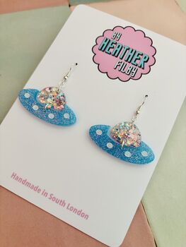 U.F.O Glitter Blue Earrings / Alien Spaceship Jewellery Science Fiction Lover Gift / Retro Space Aesthetic 1950s Sci Fi Accessory / Out Of This World Jewellery, 4 of 5