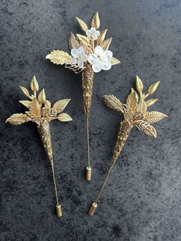 The Margot Buttonhole Mother Of Pearl Carved Shell Gold Silver Handmade Lapel Pin Bouttoniere, 2 of 8