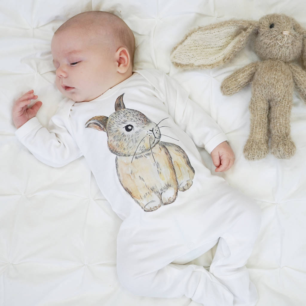 Baby Bunny Rabbit Watercolour Baby Sleepsuit, 1 of 7