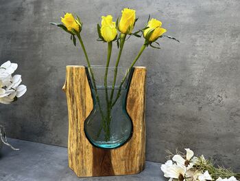 Huge Heavy 31cm Molten Glass Wedge Vase On Teak Root Flower Holder, 12 of 12