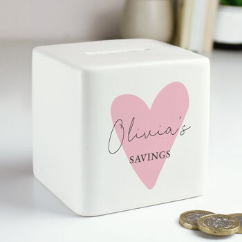 Personalised Pink Heart Ceramic Square Money Box, 2 of 6