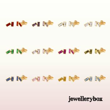 9ct Solid Gold 12 Birthstone Cz Baguette Stud Earrings, 2 of 12