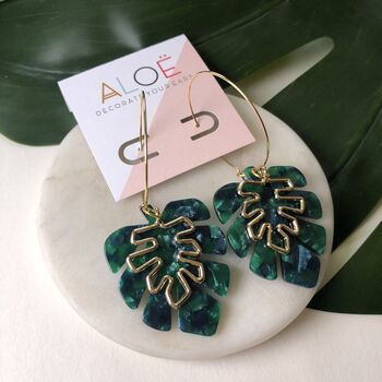 24k Gold Plated Large Bottle Green Monstera Hoops, 2 of 3